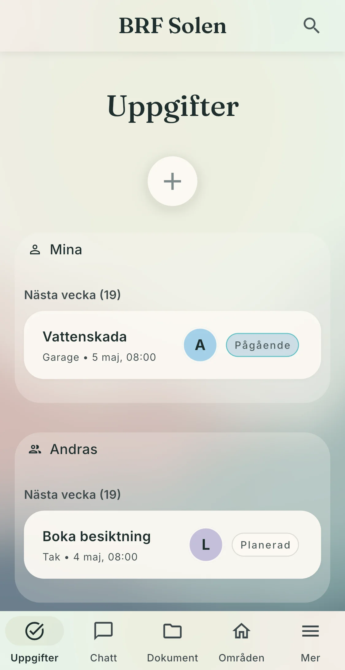 Skärmdump från Dagning-appen som visar uppgifter för BRF Solen