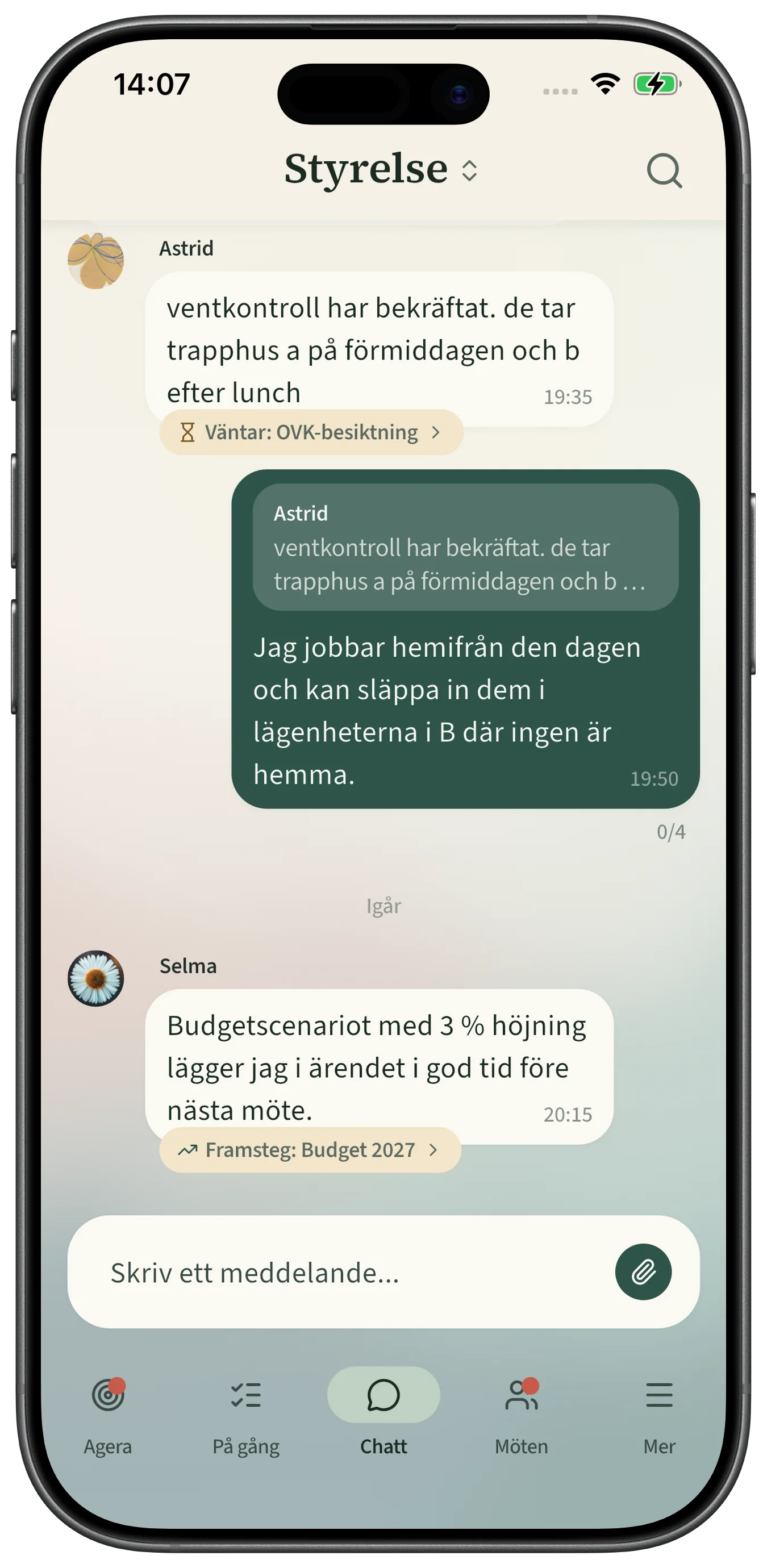 Styrelsens chatt i Dagning, där meddelanden är kopplade till ärenden