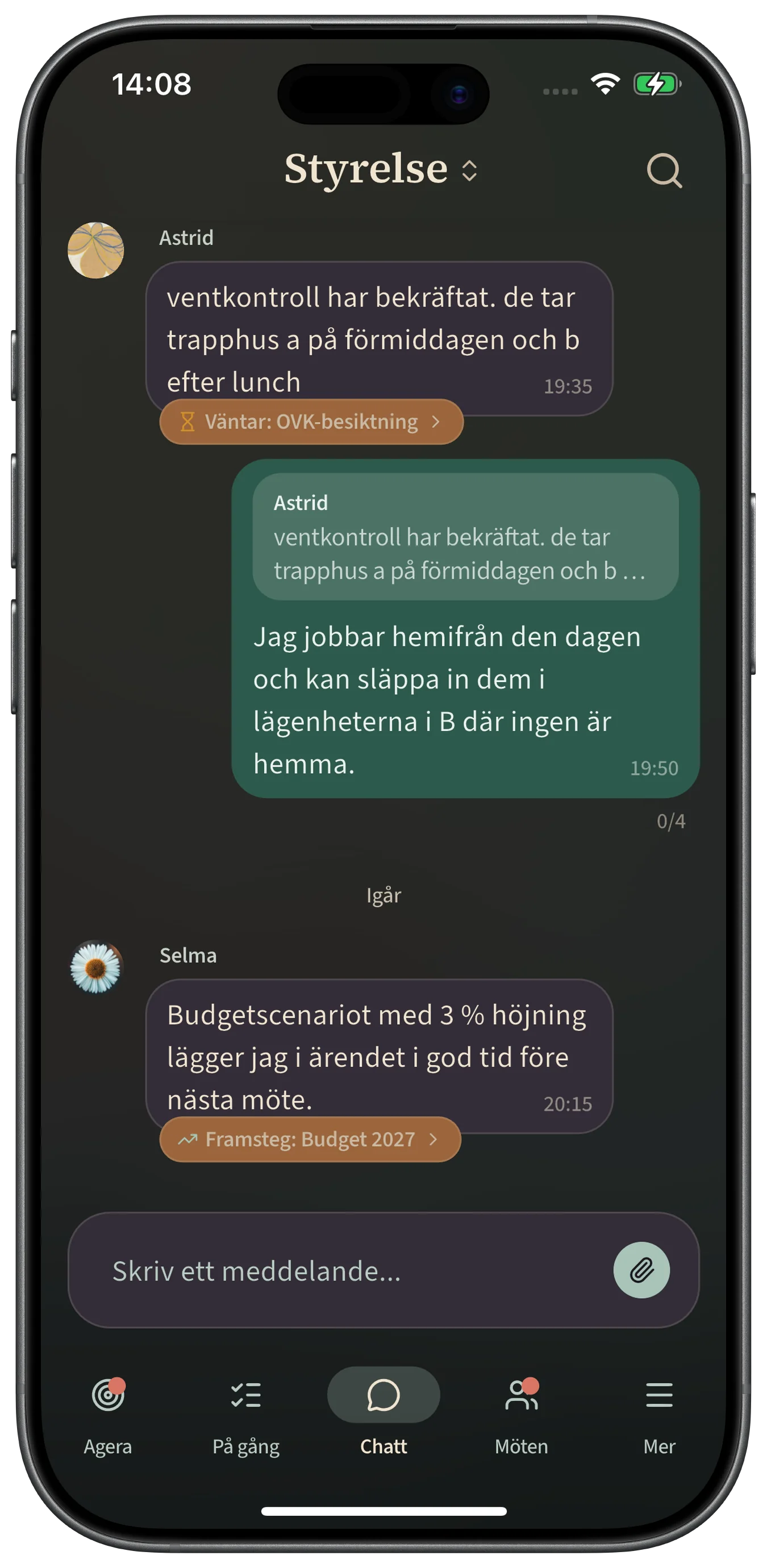 Styrelsens chatt i Dagning, där meddelanden är kopplade till ärenden