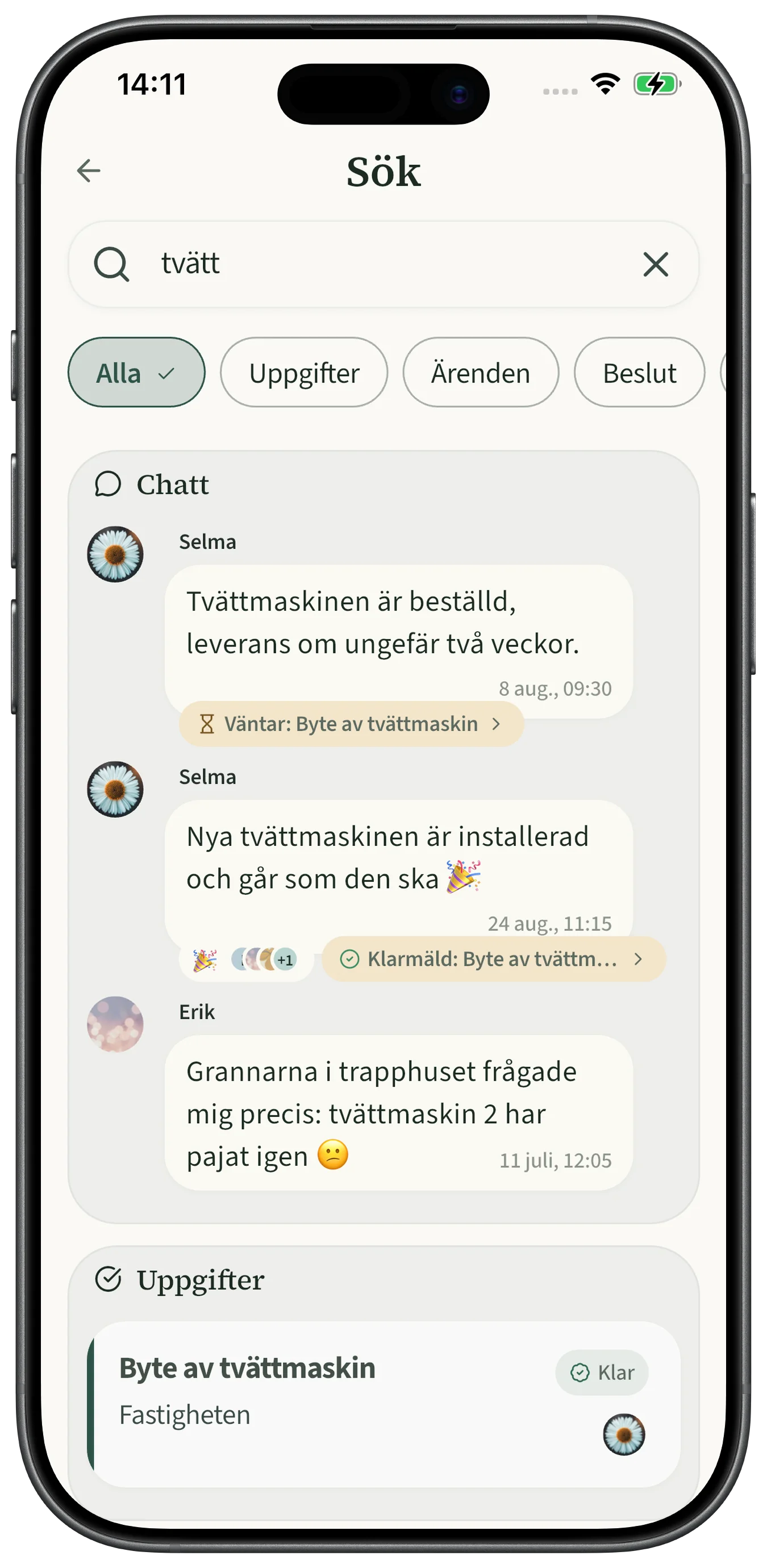Sökning i Dagning som hittar chattmeddelanden och uppgifter