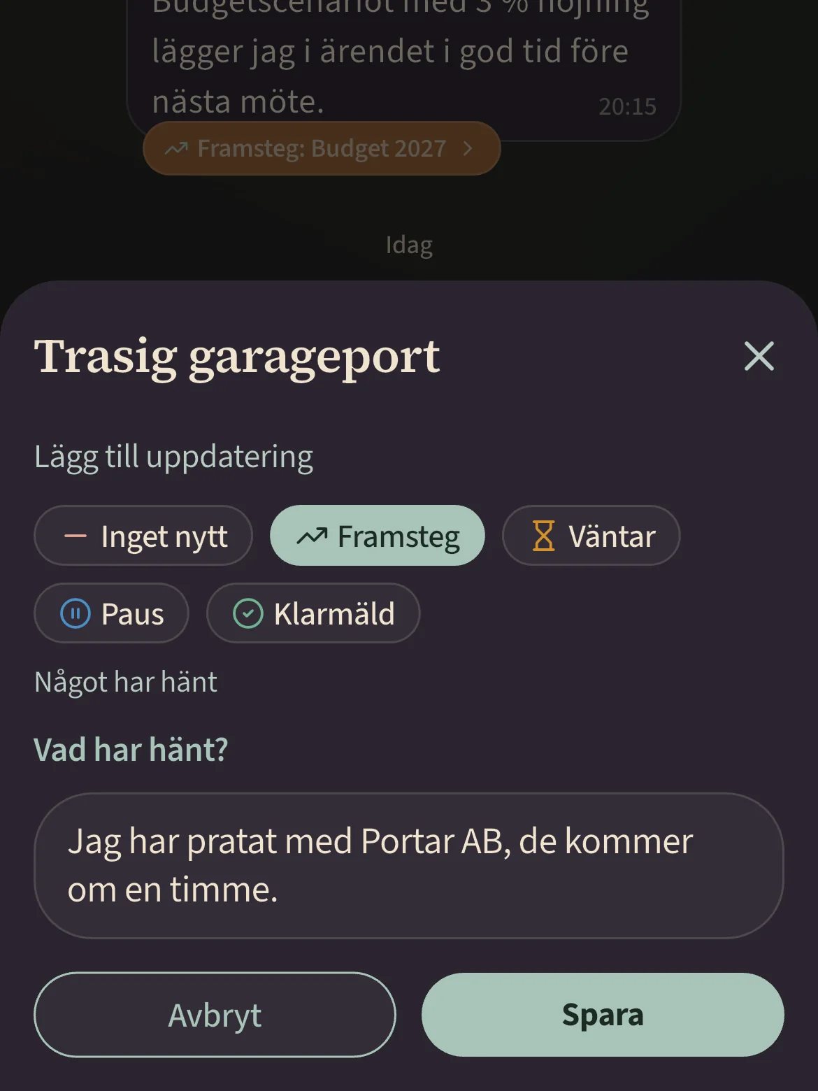 Uppdateringen läggs till i ärendet Trasig garageport