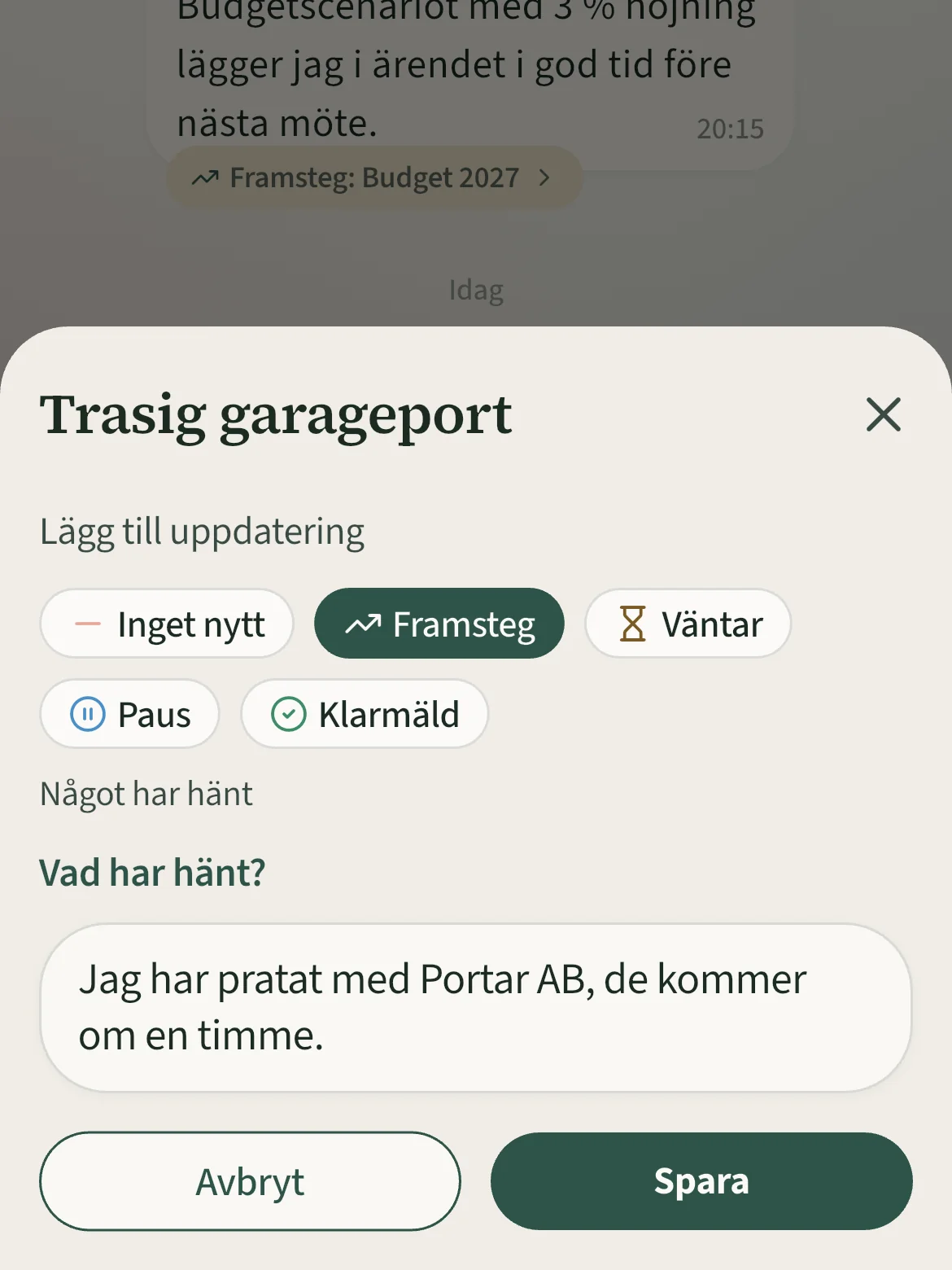 Uppdateringen läggs till i ärendet Trasig garageport