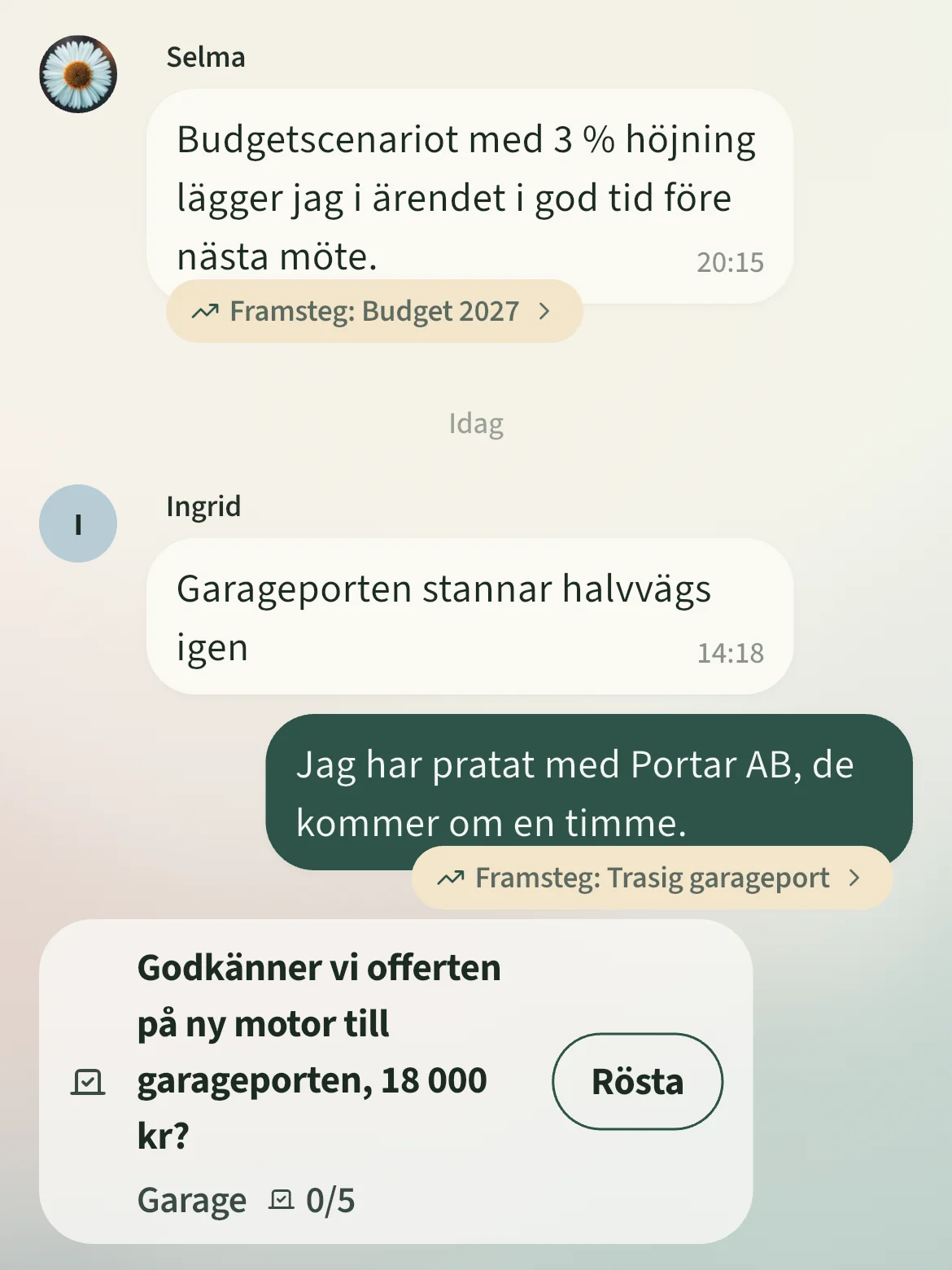 Omröstning om offerten på ny motor till garageporten
